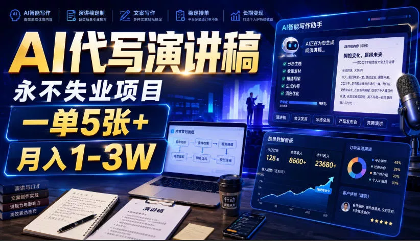 AI代写演讲稿,永不失业项目,一单5张+,月入1-3W【揭秘】-卓越网创