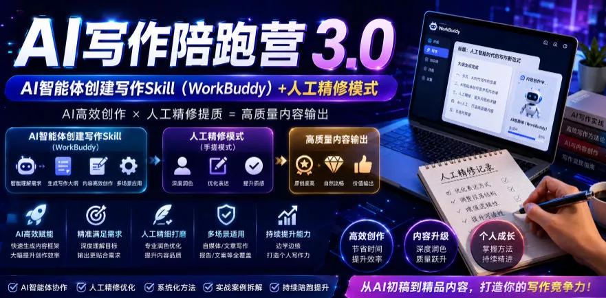 AI写作陪跑营3.0，Ai智能体创建写作skill(workbuddy)+人工手写模式(手搓模式)，去除AI痕迹(头条号、公众号、百家号)(更新0806)-卓越网创