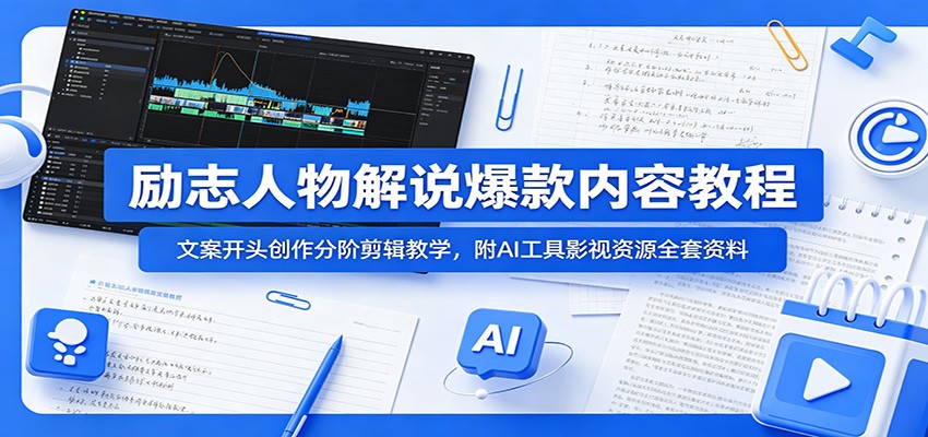 励志人物解说爆款内容教程:文案开头创作分阶剪辑教学,附AI 工具影视资源全套资料-卓越网创