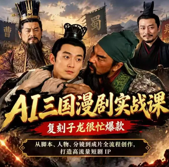抖音14W粉博主同款AI三国漫剧实战课，复刻子龙很忙爆款，从脚本、人物、分镜到成片全流程创作，打造高流量短剧IP-卓越网创