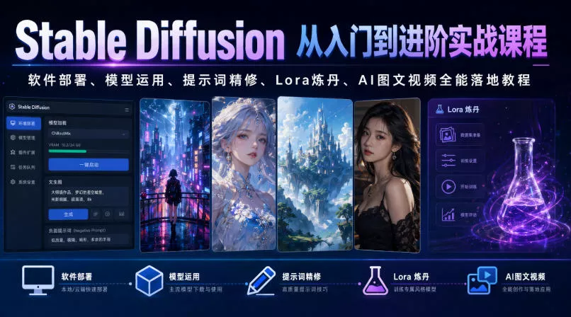 Stable Diffusion从入门到进阶实战课程|软件部署、模型运用、提示词精修、Lora炼丹、AI图文视频全能落地教程 Stable Diffusion从入门到进阶实战课程|软件部署、模型运用、提示词精修、Lora炼丹、AI图文视频全能落地教程