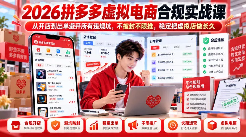 2026拼多多虚拟电商合规实战课，从开店到出单避开所有违规坑，不被封不限推，稳定把虚拟店做长久-卓越网创
