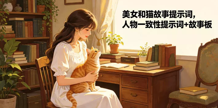 美女和猫故事提示词，人物一致性提示词+故事板-卓越网创
