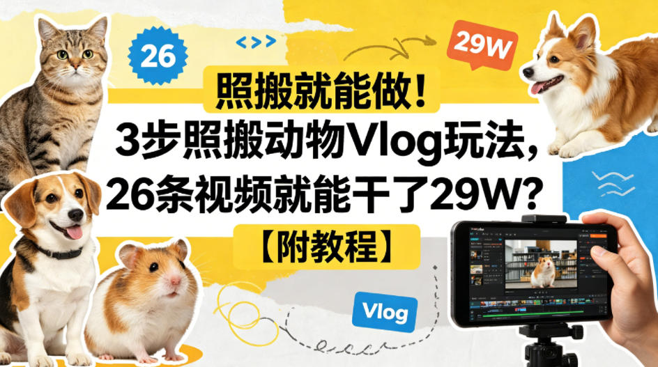 照搬就能做！3步照搬动物Vlog玩法，26条视频就能干了29W？【附教程】【赠coze一键生成工作流】-卓越网创