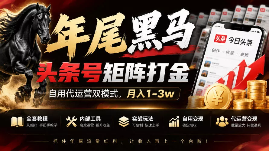 【年尾黑马】头条号矩阵打金，自用代运营双模式，月入1-3w，附全套教程及内部工具【揭秘】-卓越网创