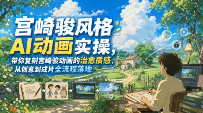 宫崎骏风格AI动画实操,带你复刻宫崎骏动画的治愈质感,从创意到成片全流程落地 宫崎骏风格AI动画实操,带你复刻宫崎骏动画的治愈质感,从创意到成片全流程落地