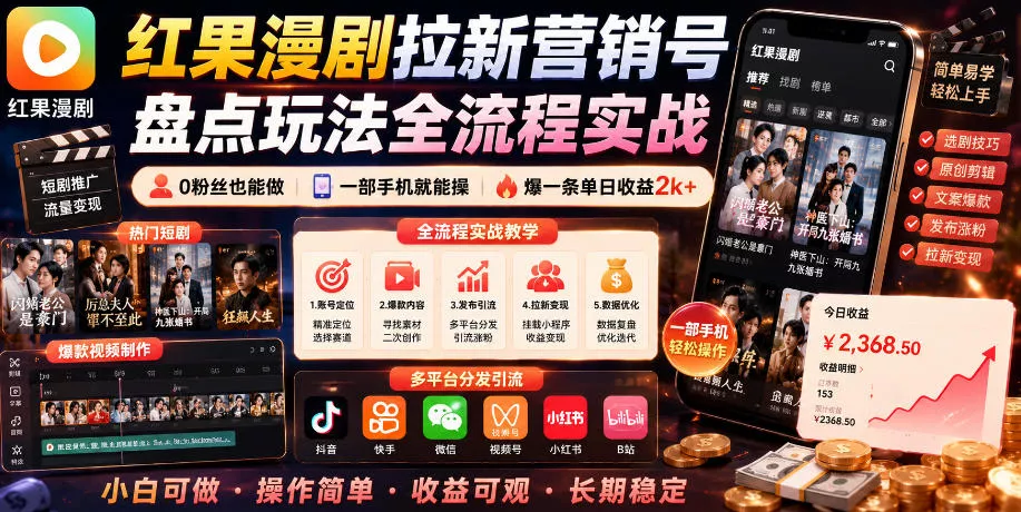 红果漫剧拉新营销号盘点玩法全流程实战,0粉丝也能做,一部手机就能做,爆一条单日收益2k+(更新0628)-卓越网创