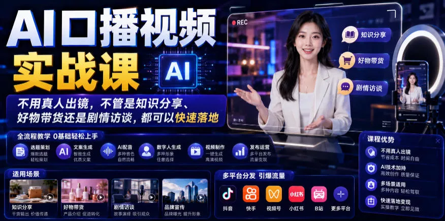 AI口播视频实战课,不用真人出镜,不管是知识分享、好物带货还是剧情访谈,都可以快速落地 AI口播视频实战课,不用真人出镜,不管是知识分享、好物带货还是剧情访谈,都可以快速落地