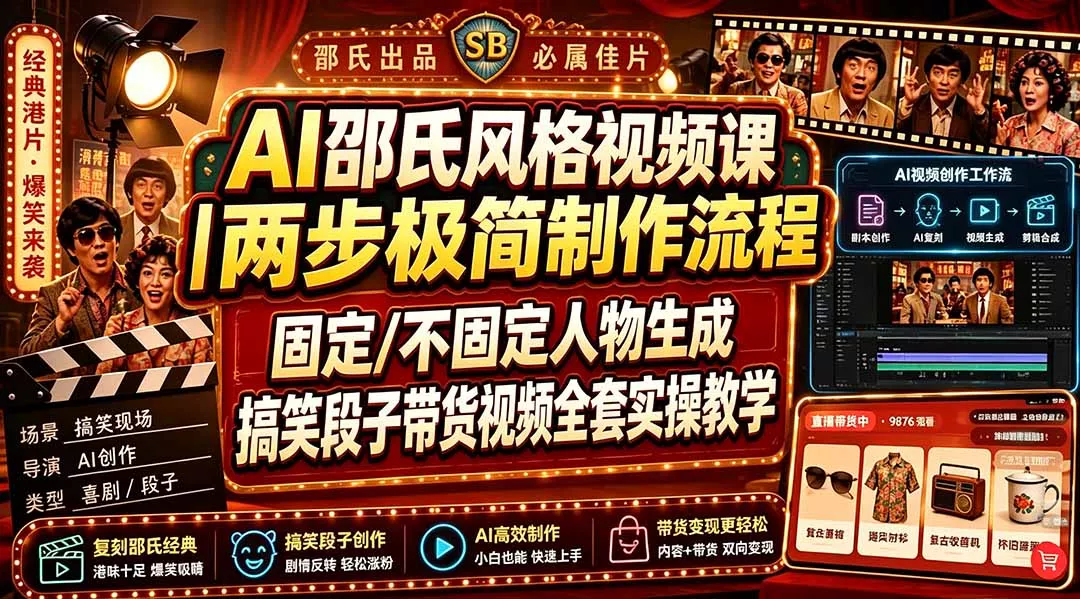 AI邵氏风格视频课|两步极简制作流程,固定/不固定人物生成,搞笑段子带货视频全套实操教学 AI邵氏风格视频课|两步极简制作流程,固定/不固定人物生成,搞笑段子带货视频全套实操教学