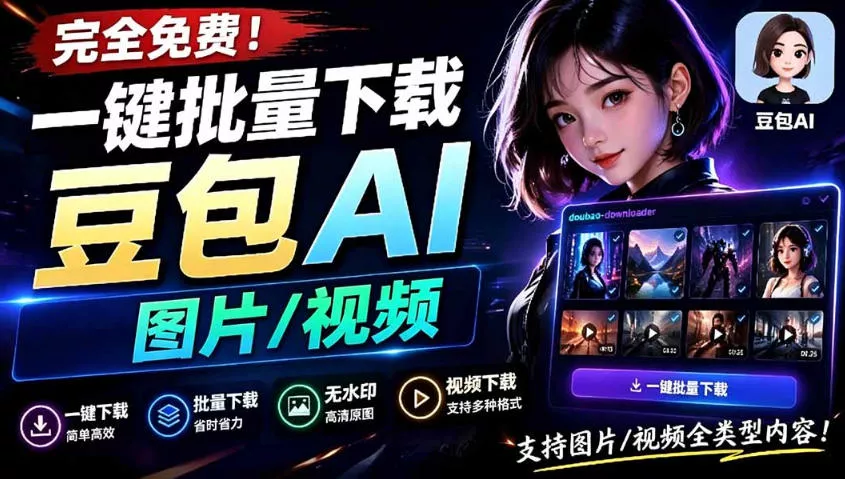 Github最新发布！一键批量下载豆包AI无水印图片/视频，简单易用，自动解析提示词-卓越网创