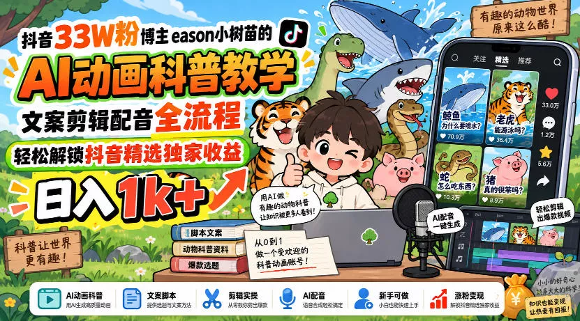 抖音33W粉博主eason小树苗的AI动画科普教学，文案剪辑配音全流程，轻松解锁抖音精选独家收益，日入1k+-卓越网创