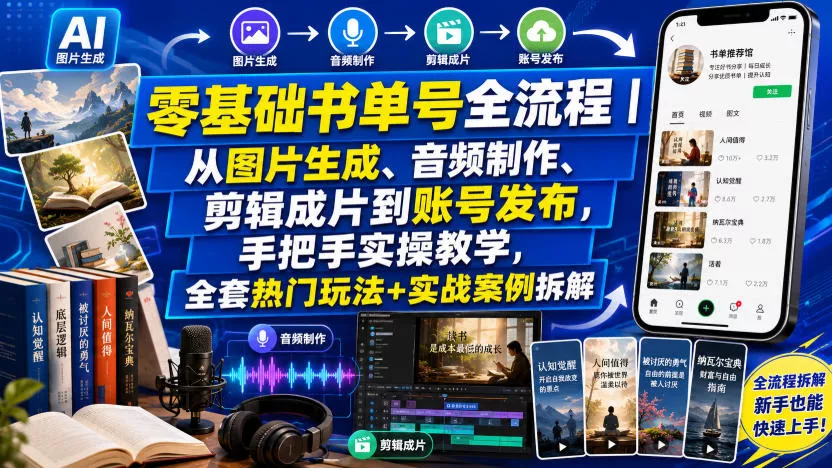 零基础书单号全流程|从图片生成、音频制作、剪辑成片到账号发布,手把手实操教学,全套热门玩法+实战案例拆解 零基础书单号全流程|从图片生成、音频制作、剪辑成片到账号发布,手把手实操教学,全套热门玩法+实战案例拆解