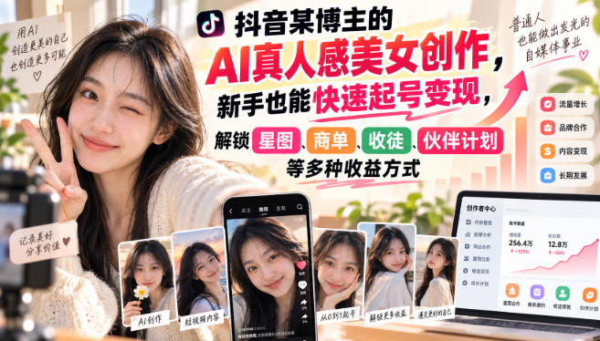抖音某博主的AI真人感美女创作,新手也能快速起号变现,解锁星图,商单,收徒,伙伴计划等多种收益方式-卓越网创