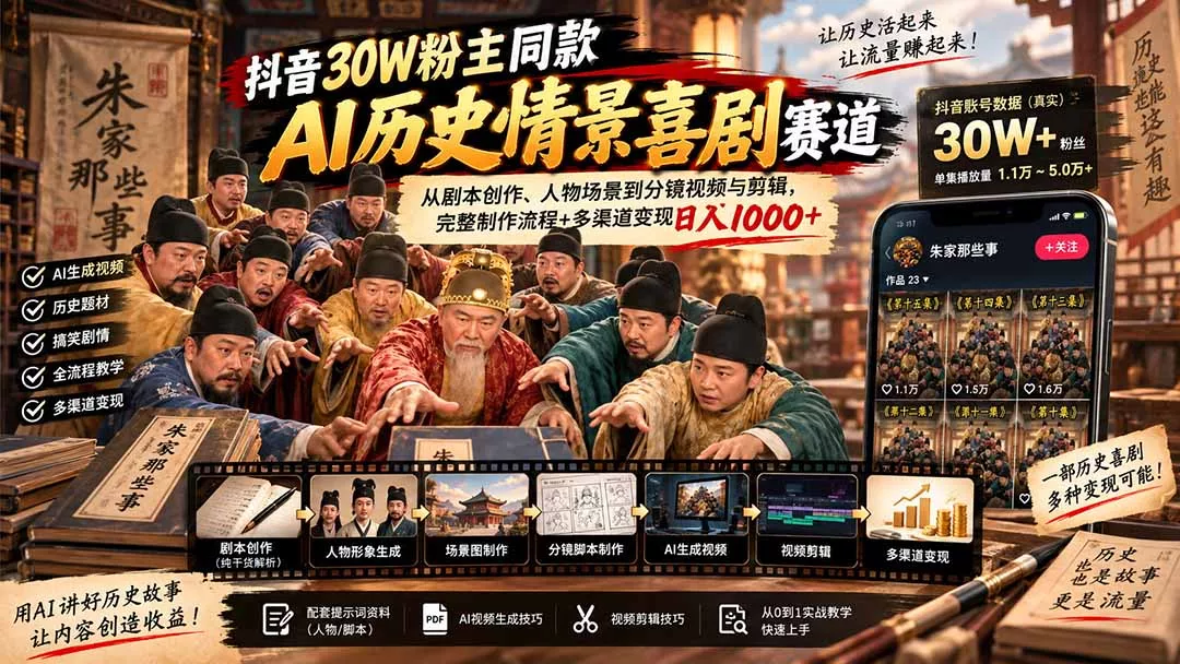 抖音30W粉博主同款AI历史情景喜剧赛道:从剧本创作、人物场景到分镜视频与剪辑,完整制作流程+多渠道变现日入1000+-卓越网创