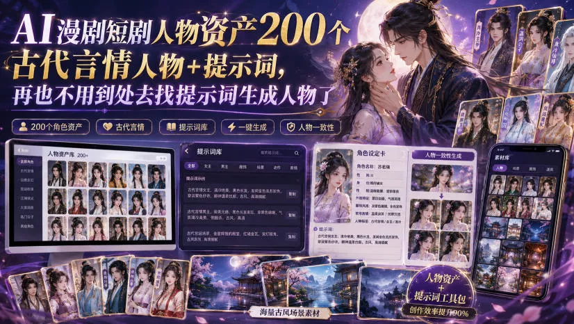 AI漫剧短剧人物资产200个古代言情人物+提示词,再也不用到处去找提示词生成人物了-卓越网创