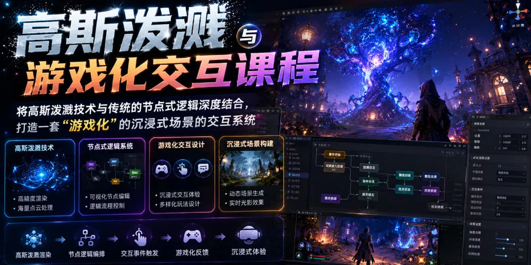 高斯泼溅与游戏化交互课程,将高斯泼溅技术与传统的节点式逻辑深度结合,打造一套“游戏化”的沉浸式场景的交互系统 高斯泼溅与游戏化交互课程,将高斯泼溅技术与传统的节点式逻辑深度结合,打造一套“游戏化”的沉浸式场景的交互系统