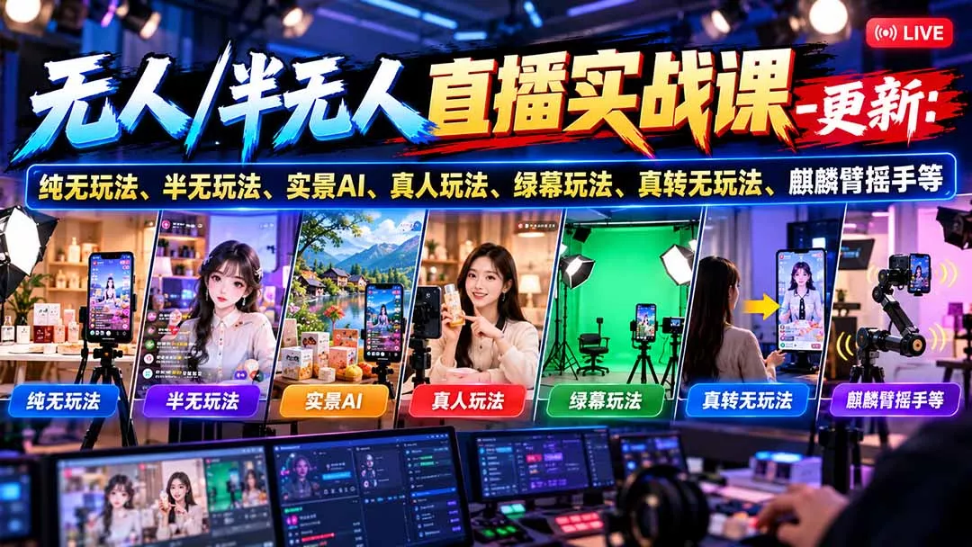 无人/半无人直播实战课-10月20更新:纯无玩法、半无玩法、实景AI、真人玩法、绿幕玩法、真转无玩法、麒麟臂摇手等 无人/半无人直播实战课-10月20更新:纯无玩法、半无玩法、实景AI、真人玩法、绿幕玩法、真转无玩法、麒麟臂摇手等