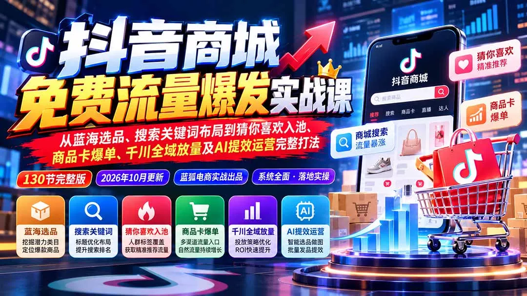 抖音商城免费流量爆发实战：从蓝海选品、搜索关键词布局到猜你喜欢入池、商品卡爆单、千川全域放量及AI提效完整打法-卓越网创