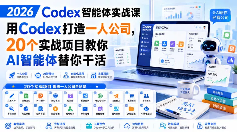 2026 Codex智能体实战课，用Codex打造一人公司，20个实战项目教你AI智能体替你干活-卓越网创