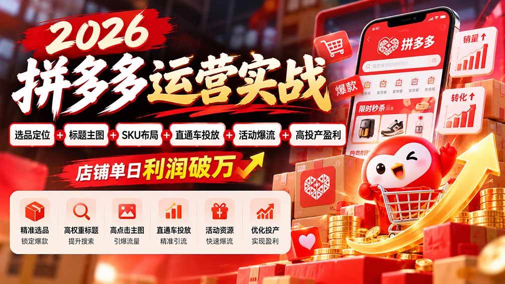 （20778期）2026拼多多运营实战-更新1002：选品定位+标题主图+SKU布局+直通车投放+活动爆流+高投产盈利 店铺单日利润破万-卓越网创