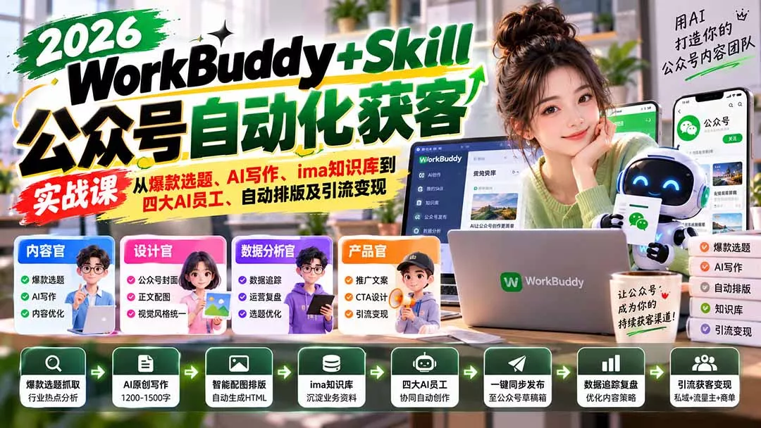 WorkBuddy + Skill公众号自动化获客实战课：从爆款选题、AI写作、ima知识库到四大AI员工、自动排版及引流变现-卓越网创