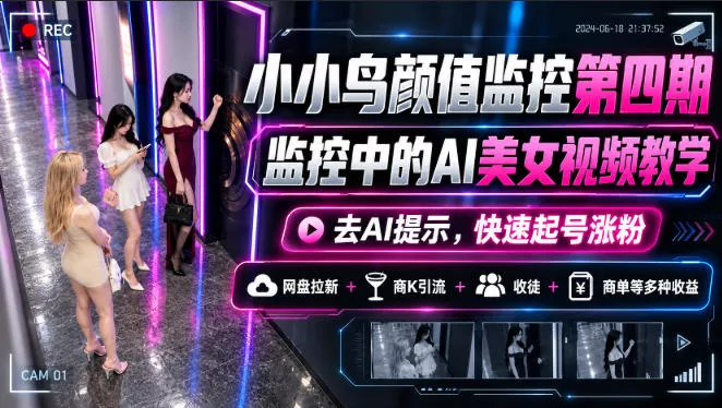 小小鸟颜值监控第四期,监控中的AI美女视频教学,去AI提示,快速起号涨粉,网盘拉新+商K引流+收徒+商单等多种收益 小小鸟颜值监控第四期,监控中的AI美女视频教学,去AI提示,快速起号涨粉,网盘拉新+商K引流+收徒+商单等多种收益