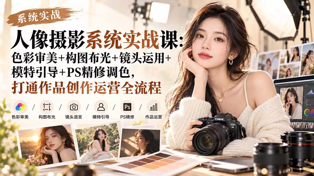【无水印】人像摄影系统实战课：色彩审美+构图布光+镜头运用+模特引导+PS精修调色，打通作品创作运营全流程-卓越网创