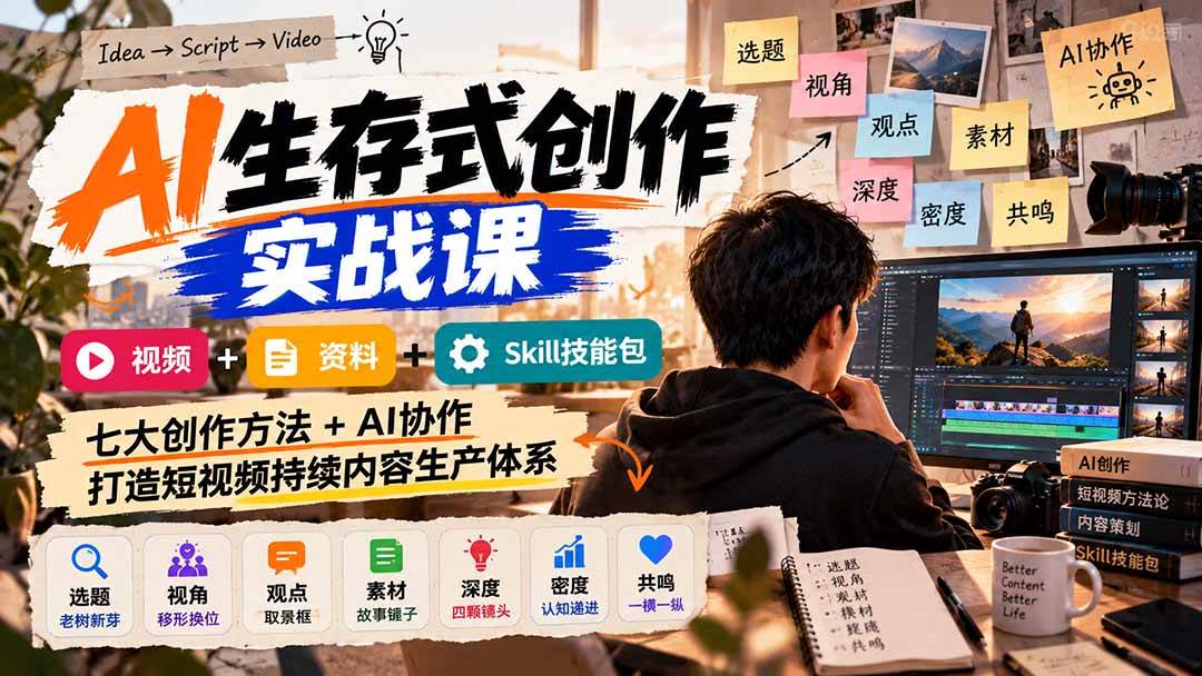 （21081期）AI生存式创作实战课：视频+资料+Skill技能包，七大创作方法+AI协作，打造短视频持续内容生产体系-卓越网创