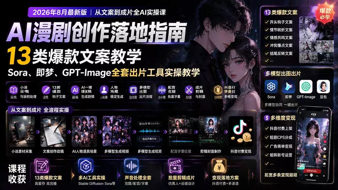 AI漫剧创作落地指南|13类爆款文案教学,Sora、即梦、GPT-Image全套出片工具实操教学-卓越网创