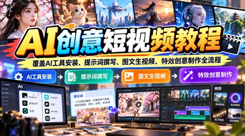 AI创意短视频教程,覆盖AI工具安装、提示词撰写、图文生视频、特效创意制作全流程 AI创意短视频教程,覆盖AI工具安装、提示词撰写、图文生视频、特效创意制作全流程