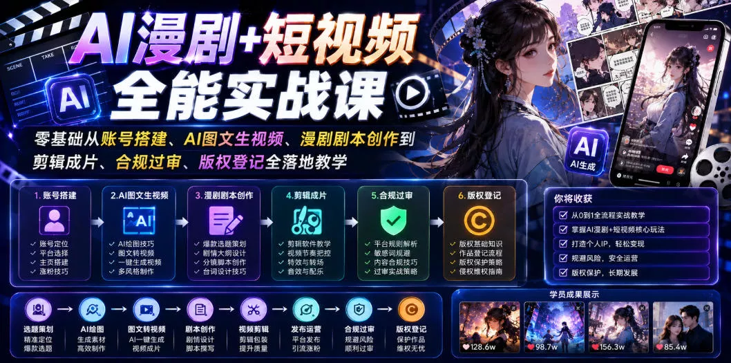 AI漫剧+短视频全能实战课|零基础从账号搭建、AI图文生视频、漫剧剧本创作到剪辑成片、合规过审、版权登记全落地教学-卓越网创