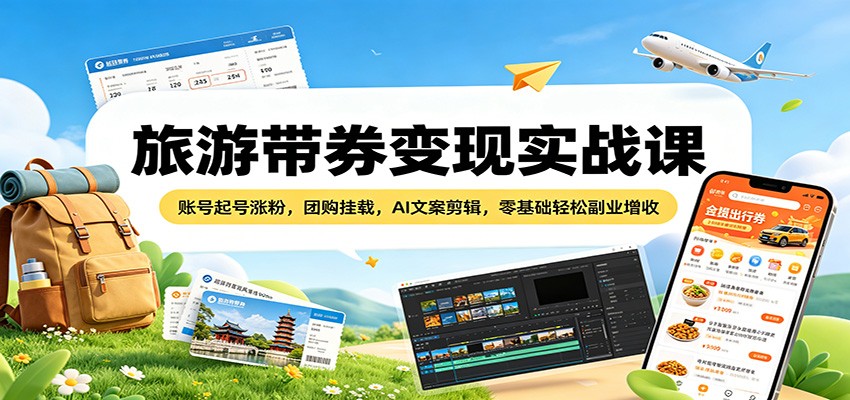 旅游带券变现实战课:账号起号涨粉,团购挂载,AI文案剪辑,零基础轻松副业增收 旅游带券变现实战课:账号起号涨粉,团购挂载,AI文案剪辑,零基础轻松副业增收