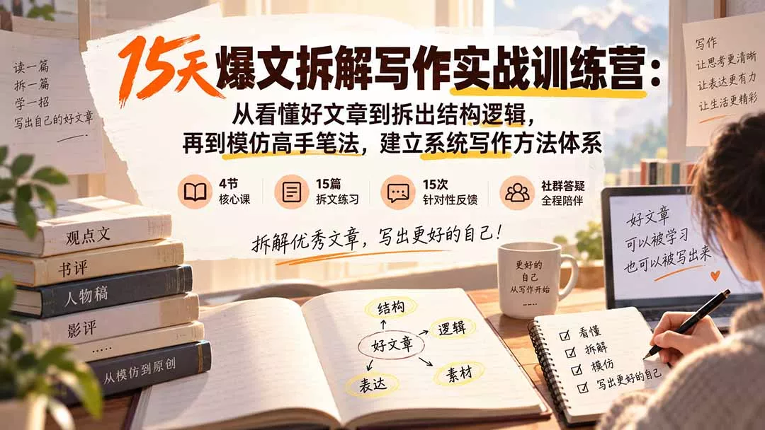 15天爆文拆解写作实战训练营：从看懂好文章到拆出结构逻辑，再到模仿高手笔法，建立系统写作方法体系-卓越网创