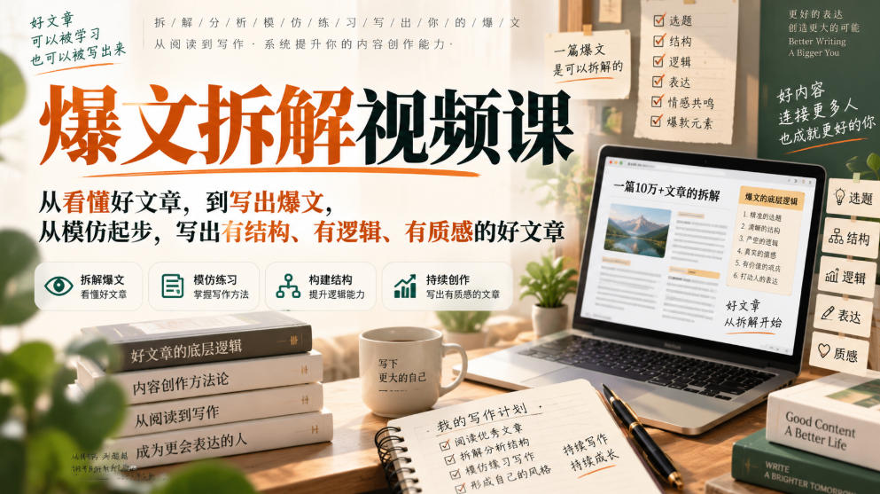 爆文拆解视频课,从看懂好文章,到写出爆文,从模仿起步,写出有结构、有逻辑、有质感的好文章-卓越网创