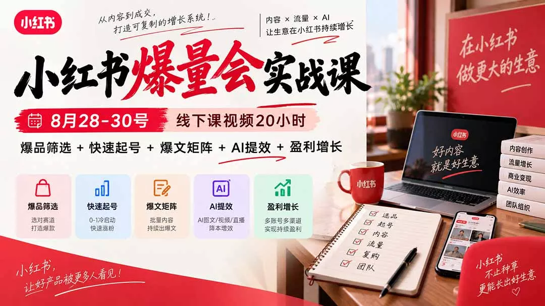 小红书爆量会实战课-更新9月23：线下课视频20小时，爆品筛选+快速起号+爆文矩阵+AI提效+盈利增长-卓越网创