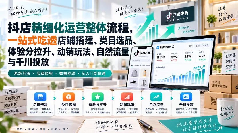 李哥电商-抖店精细化运营整体流程,一站式吃透店铺搭建、类目选品、体验分拉升、动销玩法、自然流量与千川投放-卓越网创
