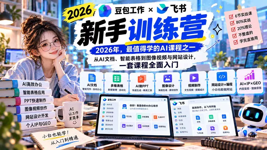 2026豆包工作+飞书新手训练营-9月新课：从AI文档、智能表格到图像视频与网站设计，一套课程全面入门-卓越网创