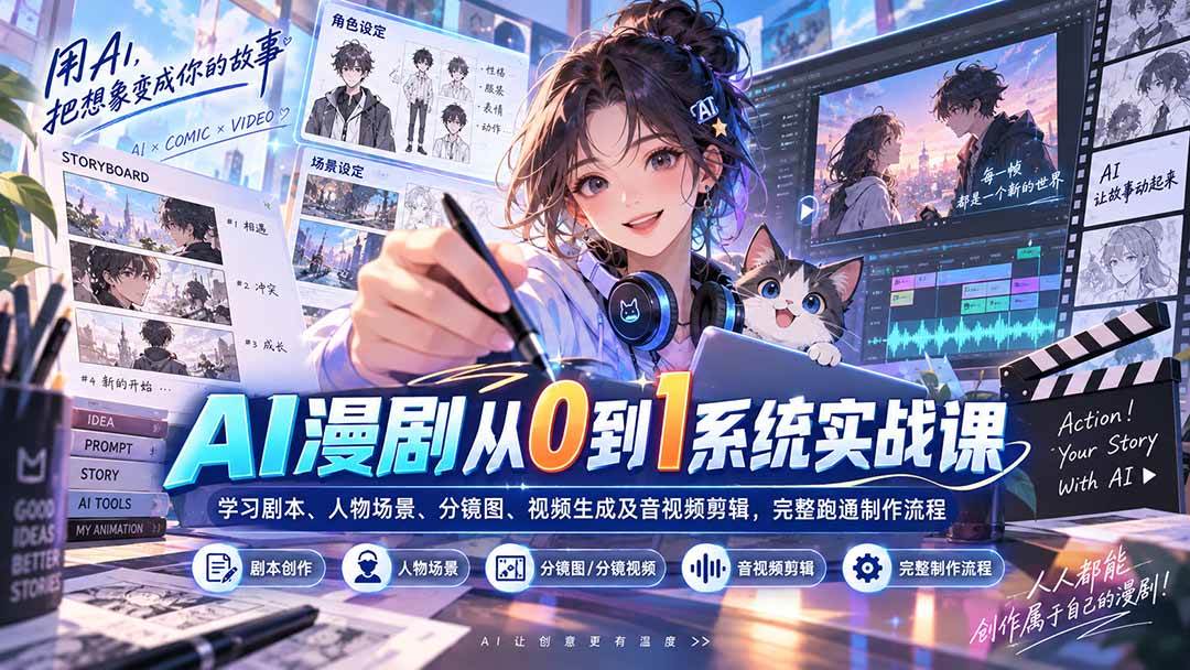 （20430期）AI漫剧从0到1系统实战课：学习剧本、人物场景、分镜图、视频生成及音视频剪辑，完整跑通制作流程-卓越网创
