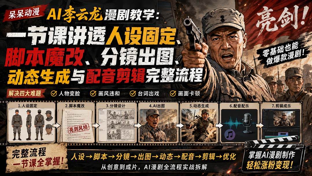 （20107期）呆呆动漫AI李云龙漫剧教学：一节课讲透人设固定、脚本魔改、分镜出图、动态生成与配音剪辑完整流程-卓越网创