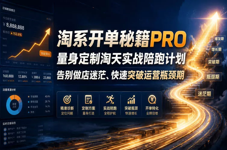 淘系开单秘籍PRO,量身定制淘天实战陪跑计划,告别做店迷茫、快速突破运营瓶颈期(20260709) 淘系开单秘籍PRO,量身定制淘天实战陪跑计划,告别做店迷茫、快速突破运营瓶颈期(20260709)