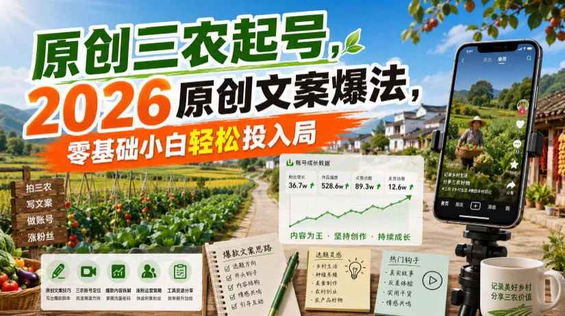 原创三农起号，2026原创文案爆法，零基础小白轻松投入局-卓越网创