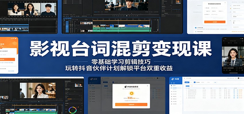 影视台词混剪变现课：零基础学习剪辑技巧，玩转抖音伙伴计划解锁平台双重收益-卓越网创