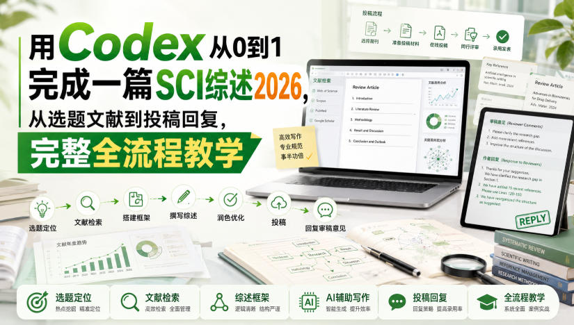 用Codex从0到1完成一篇SCI综述2026,从选题文献到投稿回复,完整全流程教学 用Codex从0到1完成一篇SCI综述2026,从选题文献到投稿回复,完整全流程教学