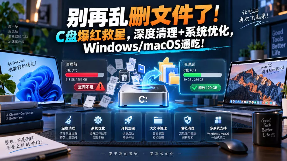 别再乱删文件了！C盘爆红救星，深度清理+系统优化，Windows/macOS通吃！-卓越网创