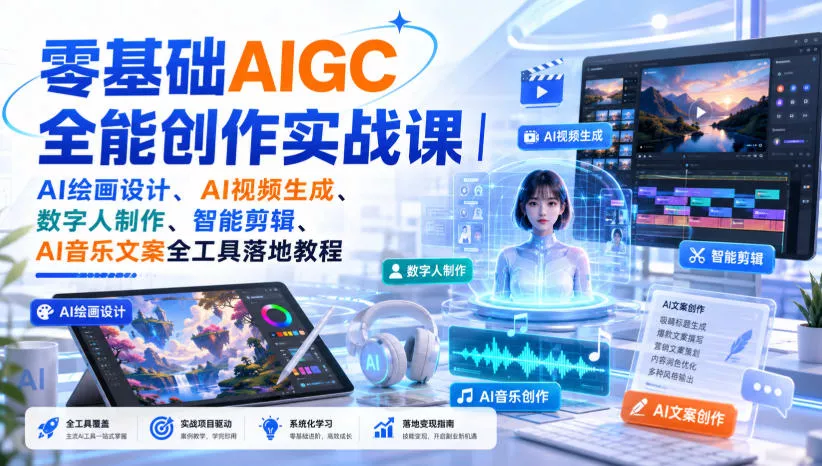 零基础AIGC全能创作实战课｜AI绘画设计、AI视频生成、数字人制作、智能剪辑、AI音乐文案全工具落地教程-卓越网创