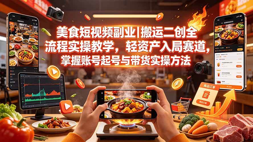 （19535期）美食短视频副业｜搬运二创全流程实操教学，轻资产入局赛道，掌握账号起号与带货实操方法-卓越网创