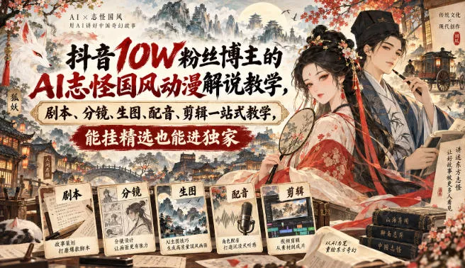 抖音10W粉丝博主满堂诡事的AI志怪国风动漫解说教学,剧本、分镜、生图、配音、剪辑一站式教学,能挂精选也能进独家-卓越网创