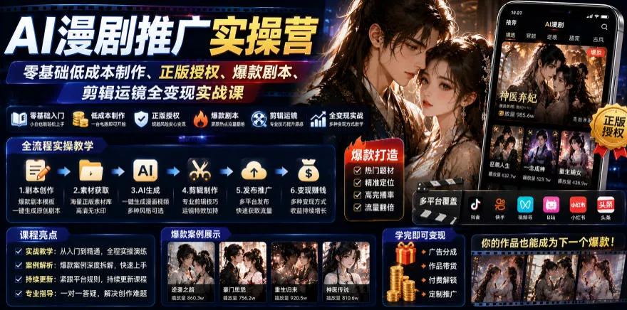 AI漫剧推广实操营|零基础低成本制作、正版授权、爆款剧本、剪辑运镜全变现实战课 AI漫剧推广实操营|零基础低成本制作、正版授权、爆款剧本、剪辑运镜全变现实战课