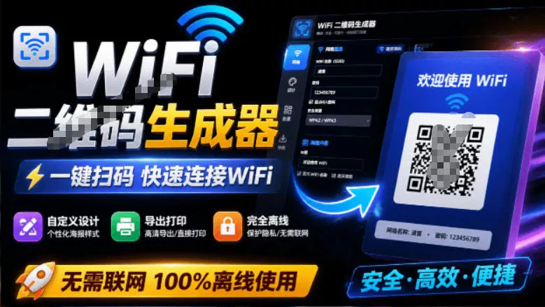 完全离线使用!WiFi二维码生成器,一键扫码快速连接WiFi,支持自定义风格导出WiFi二维码生成器-卓越网创