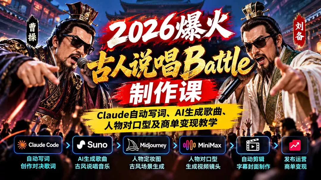 2026爆火古人说唱Battle制作课:Claude自动写词、AI生成歌曲、人物对口型及商单变现教学 2026爆火古人说唱Battle制作课:Claude自动写词、AI生成歌曲、人物对口型及商单变现教学